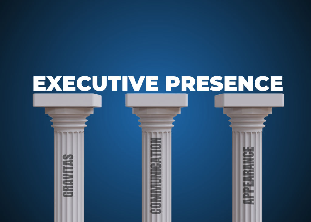 three columns carrying the words executive presence with pillars names gravitas, communication, and appearance