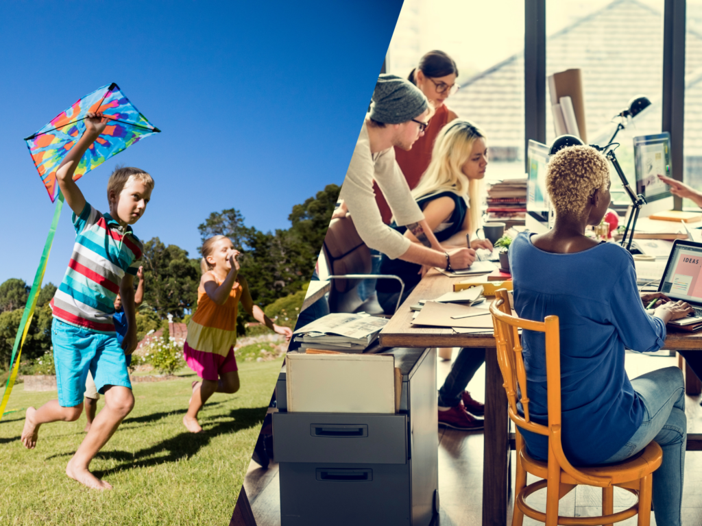 Kids playing and people working in the office innovation