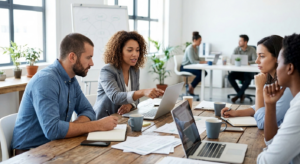 A diverse team of professionals focused on a laptop screen during a collaborative meeting around a wooden table in a bright office.