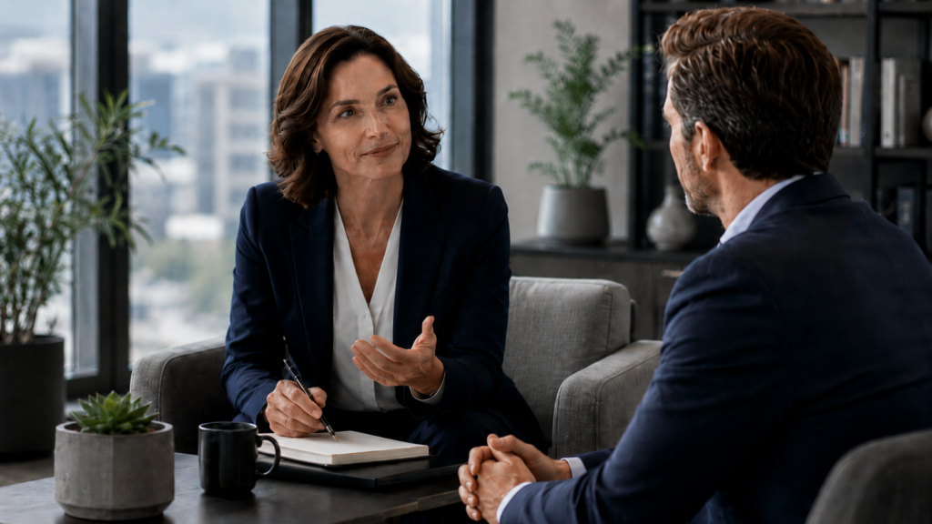 Executive coach and business leader having a professional one-on-one discussion in a modern office setting.